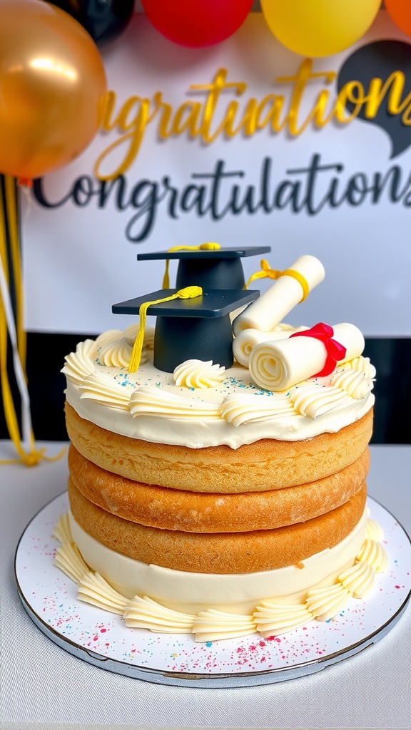 Celebratory Graduation Cake Recipe A layered graduation cake with vanilla frosting and fondant decorations, celebrating a graduation party.